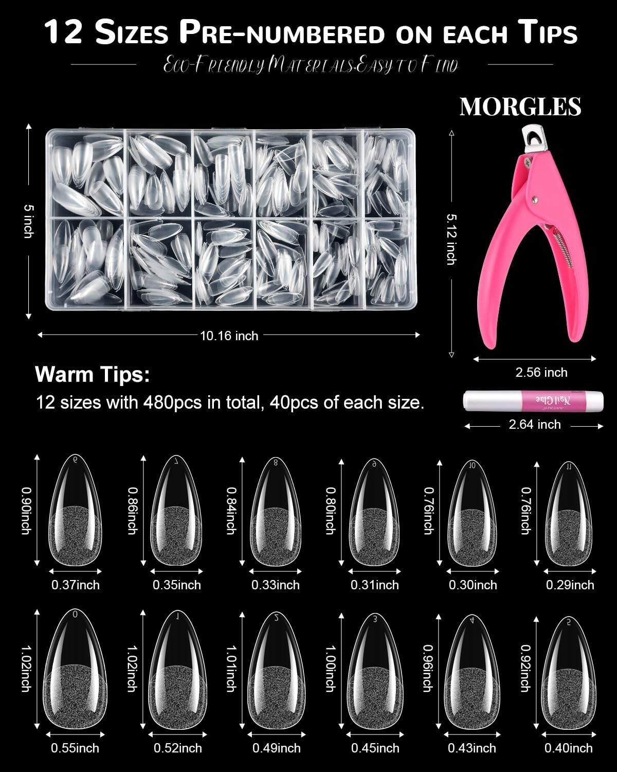 480Pcs Clear Almond Fake Nail Tips Kit Full Cover | ABS Nail Kit, 12 Sizes 0-…