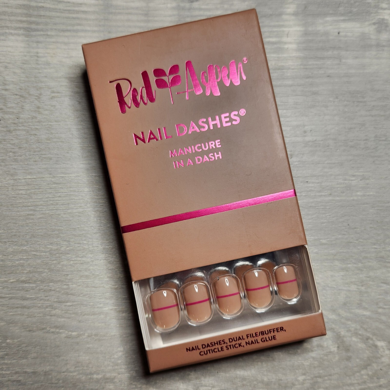 Press On Nails Lynelle’s Hot Line Short Square Nude with Magenta Dash Red Aspen