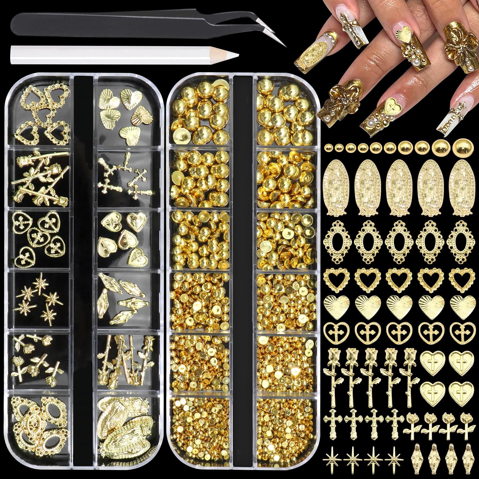 Gold Nail Charms 3D Cross Heart Charms Metal Alloy Half Round Pearls Chrome V…