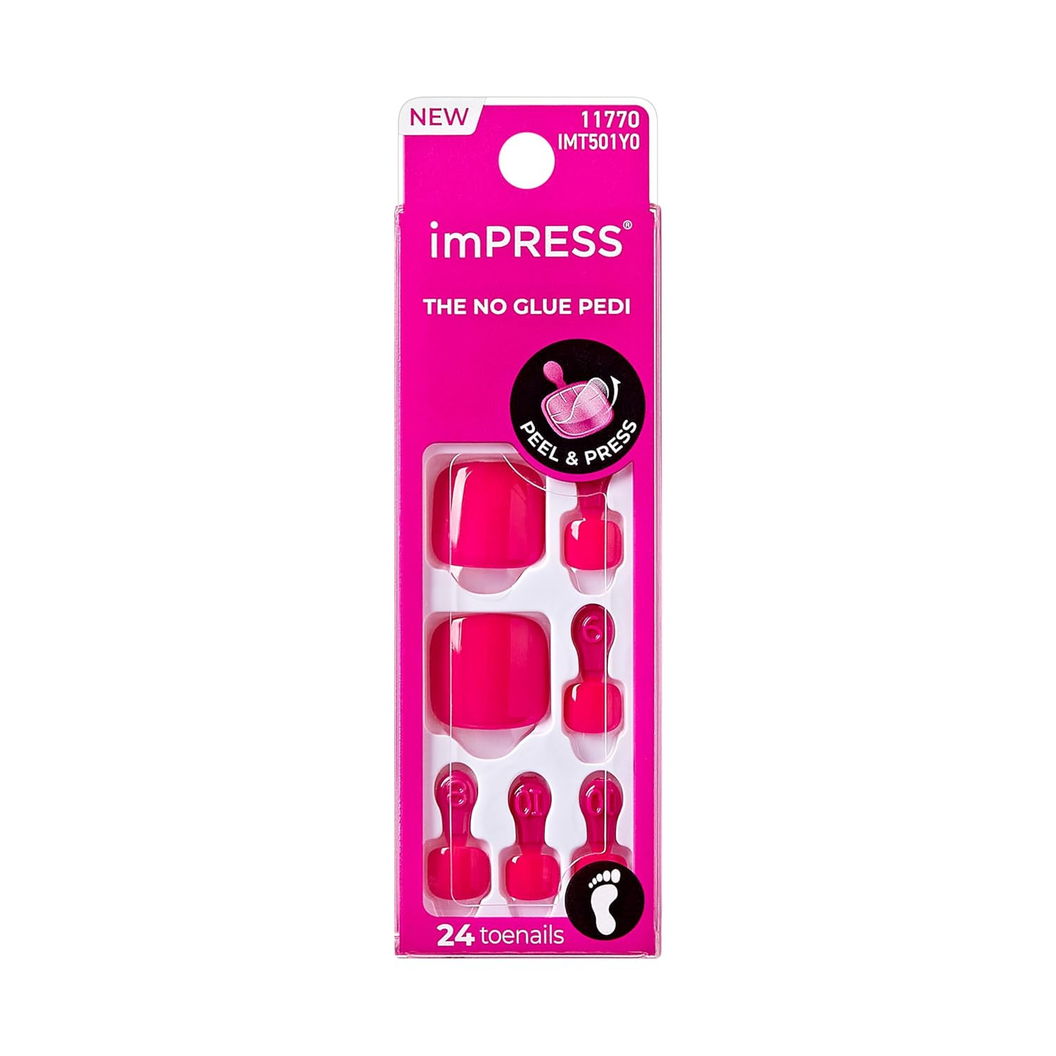 KISS Impress No Glue Mani 30 Pcs Press on Toenails, Hot Pink Stick on Extension
