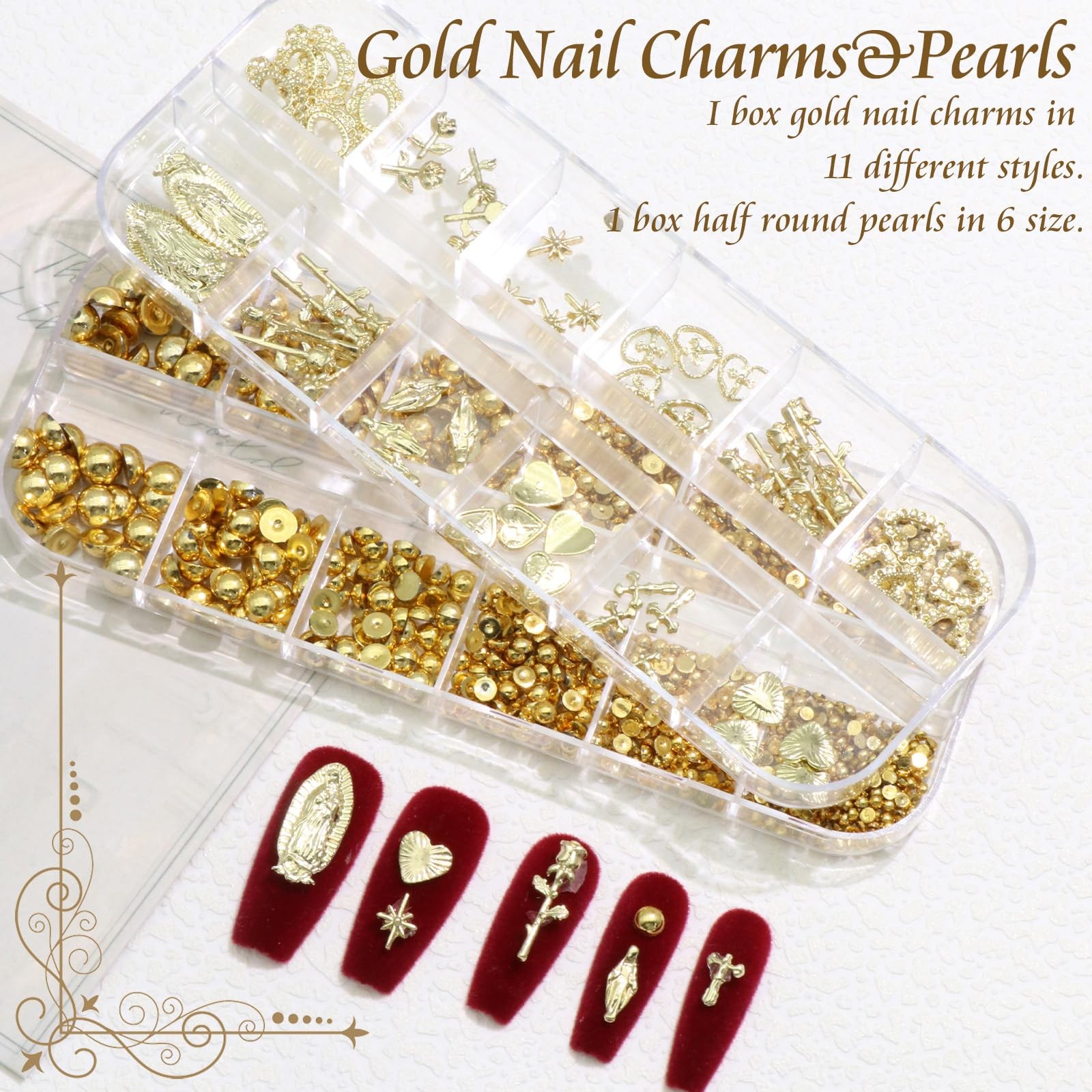 Gold Nail Charms 3D Cross Heart Charms Metal Alloy Half Round Pearls Chrome V…