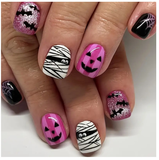 Halloween 24 Pieces Press-On Nails SHORT Pink Black Mummy Bats Glitter Glossy