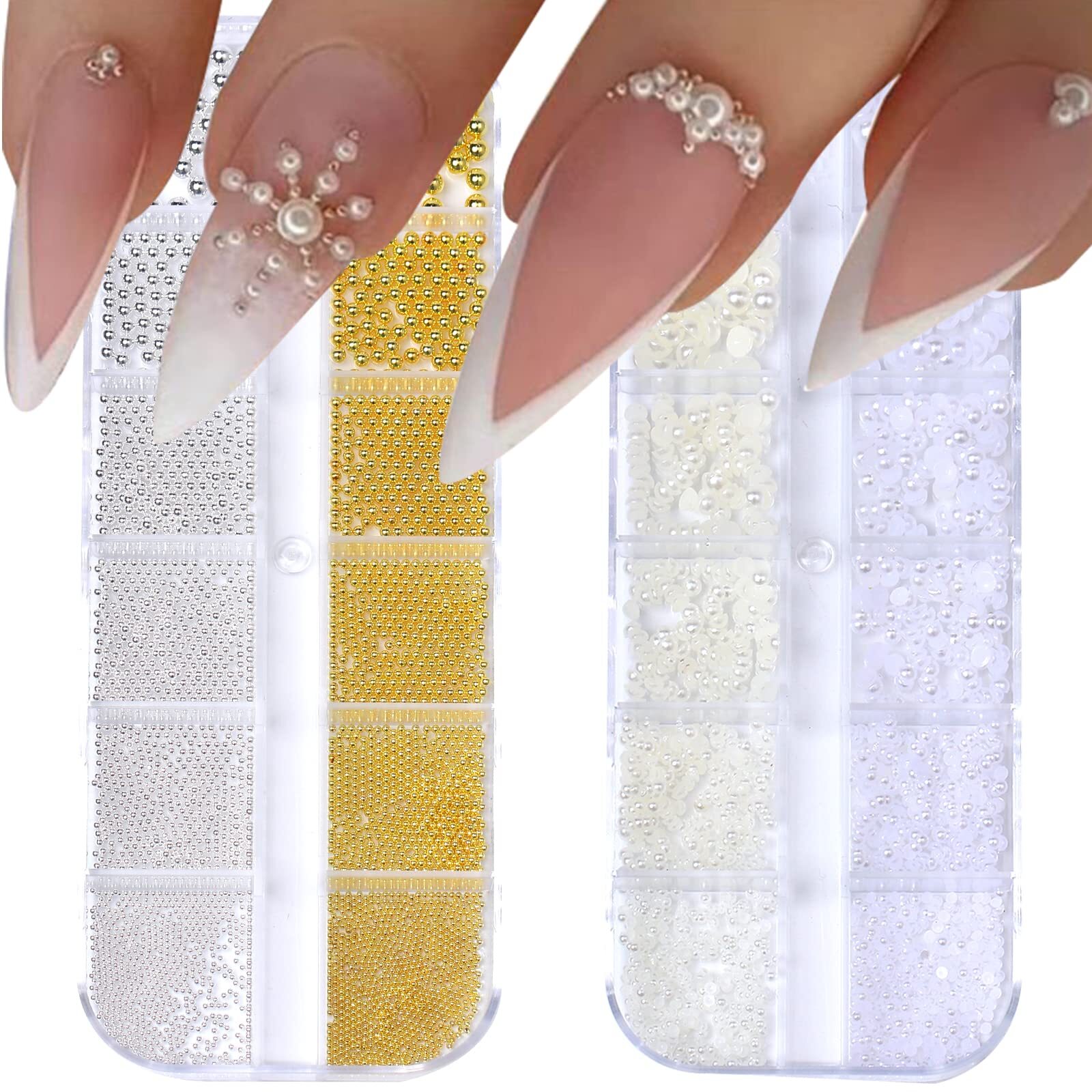 Nail Art Pearls Flatback Charms Mixed Sizes Gold Silver White – 2 Boxes