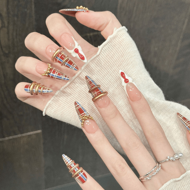 100% Handmade Press on Nails Red Plaid Tie Gold Bead Metal Ring Nail Art Nails