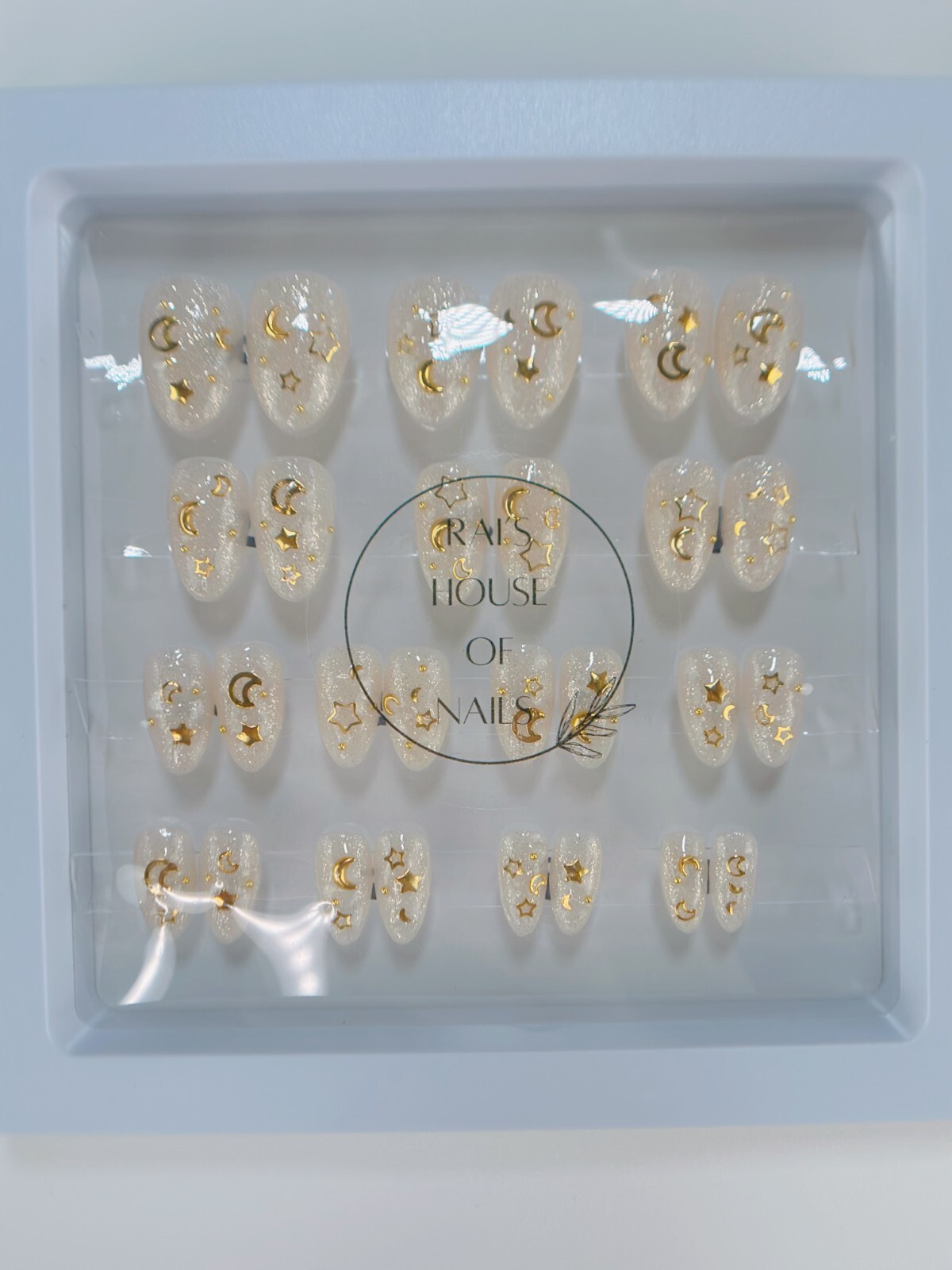 Handmade Press on Nails “Gold Galaxy” Almond Short 28 Nails All Sizes w Glue