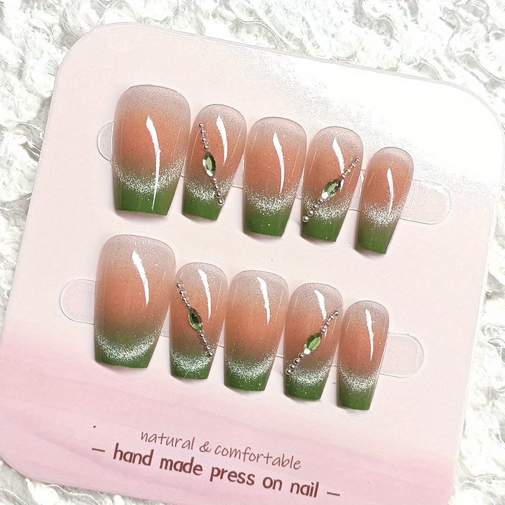 10Pcs Green Gradient Short Square Nails, Metal Chain & Crystal Cat Eye, Press