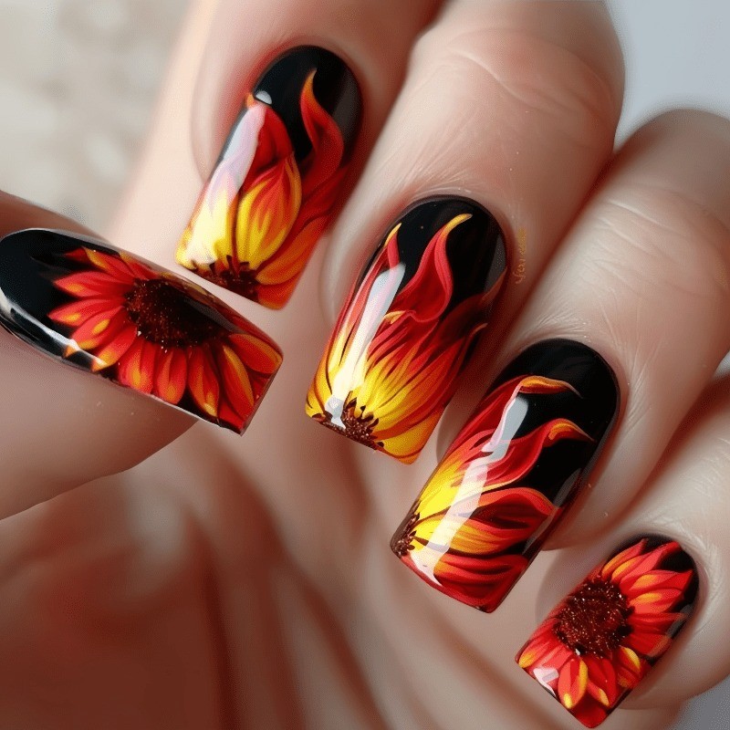 48 Pieces of Black Base Flame Sunflower Fake Nails – Removable Nail Art