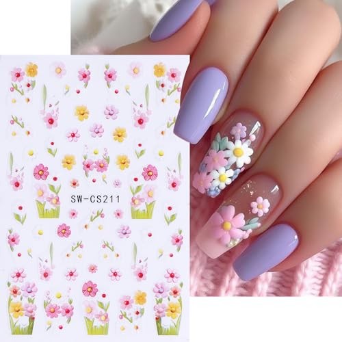 Flower Nail Art Stickers 3D Self-Adhesive Spring Nail Decals Spring Wildflower