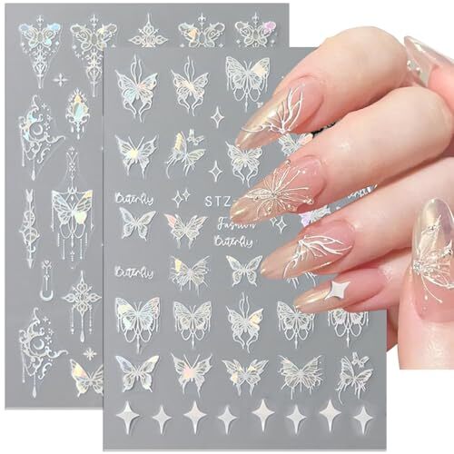 8pcs Metallic Silver Butterfly Nail Stickers 3D Laser Black Butterfly 1