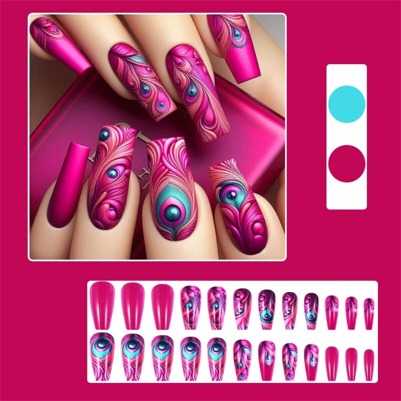 24 Pcs Square False Hot Pink Feathered Design Glossy Finish Press On