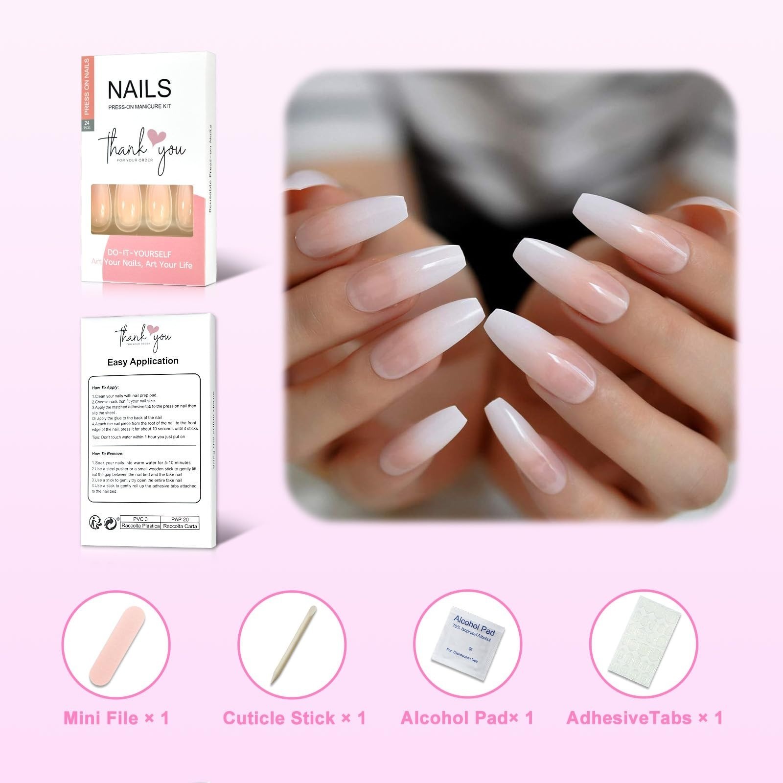 Coolnail Ombre Gradient Pink Nude White Press-On Nails Extra Long