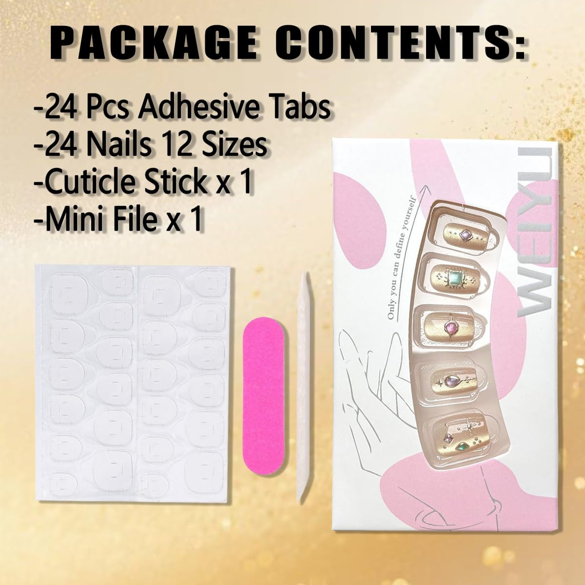 Glitter Press on Nails Medium Length Fake Nails with Glue Heart Gems Nail Charms
