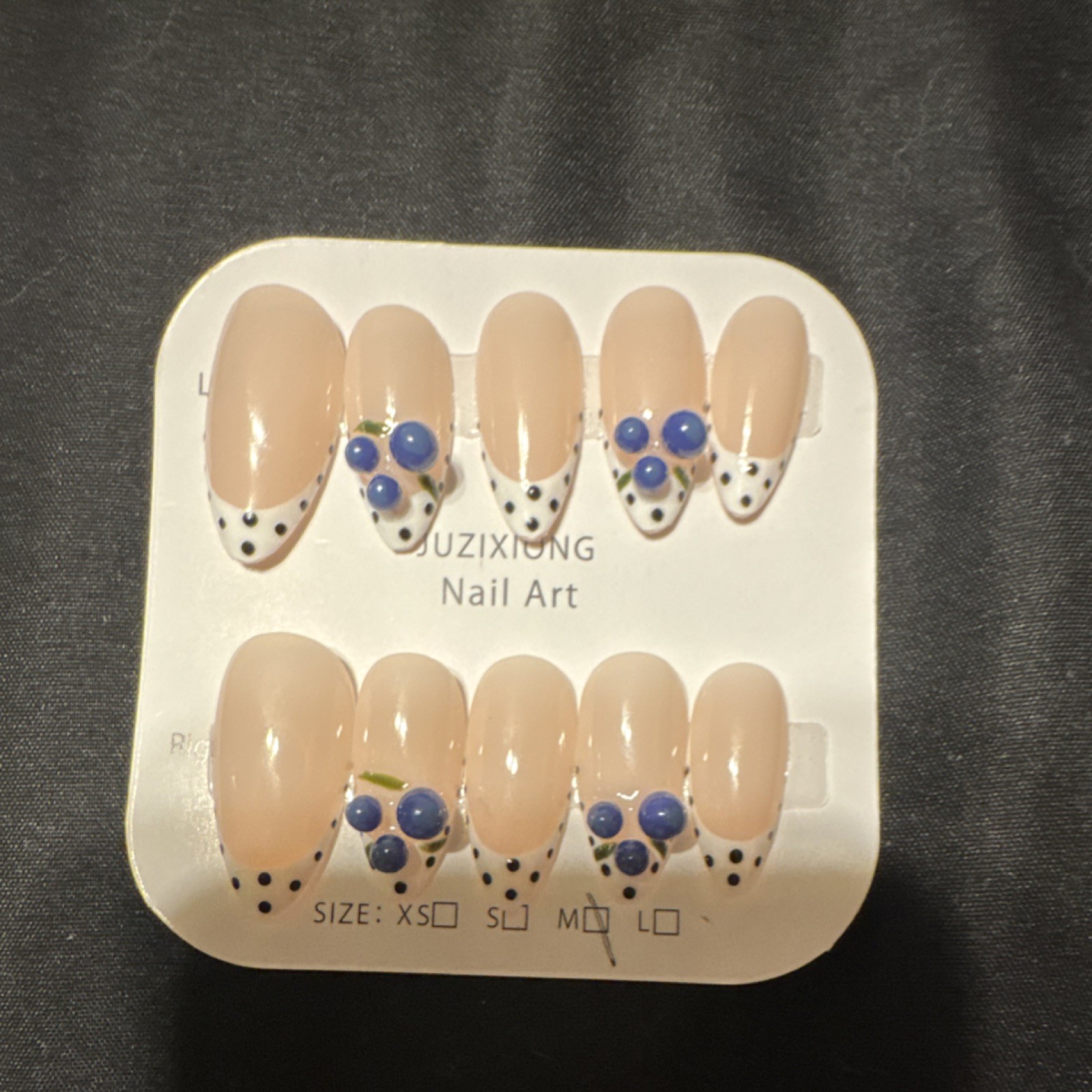 JUZIXIONG 3D Almond Medium Press-On Nails Nude Blue Polka Dot Full Cover