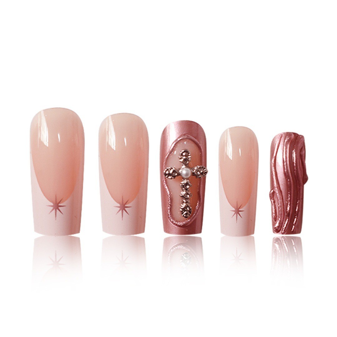 European Style Long Press On Nails Rhinestone Design