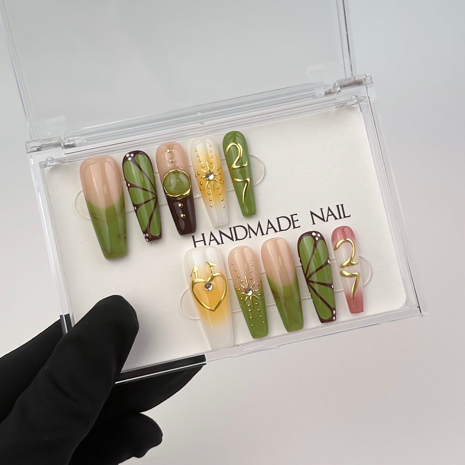 Long Coffin Tropical Jungle Press-On Nails with Gold & Amber Accents handmade