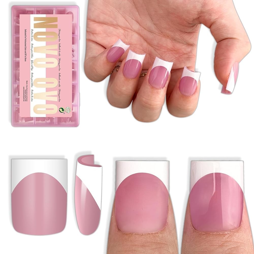NOVO OVO Short Square French Tip Press-On Nails, Berry Pink, 240 Pcs