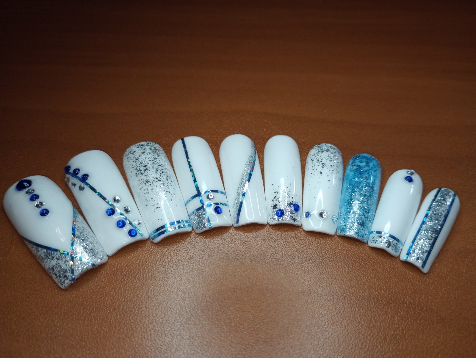 White/Blue Sparkle, XL Square, Full Coverage, Rhinestone, XL PressOns, Handmade