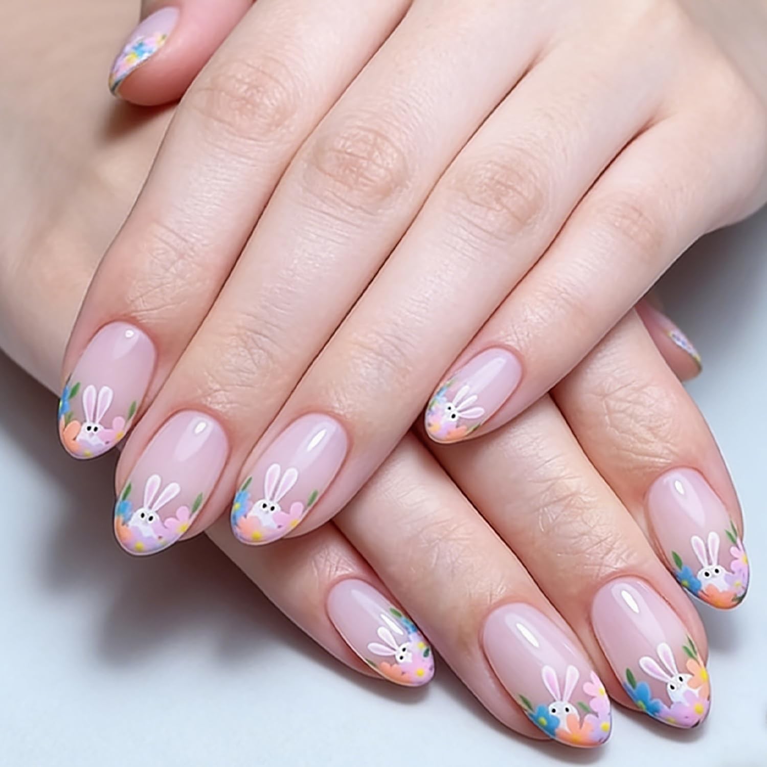 French Tip Press on Nails Almond Medium Fake Nails Easter Bunny Stick on Nail…