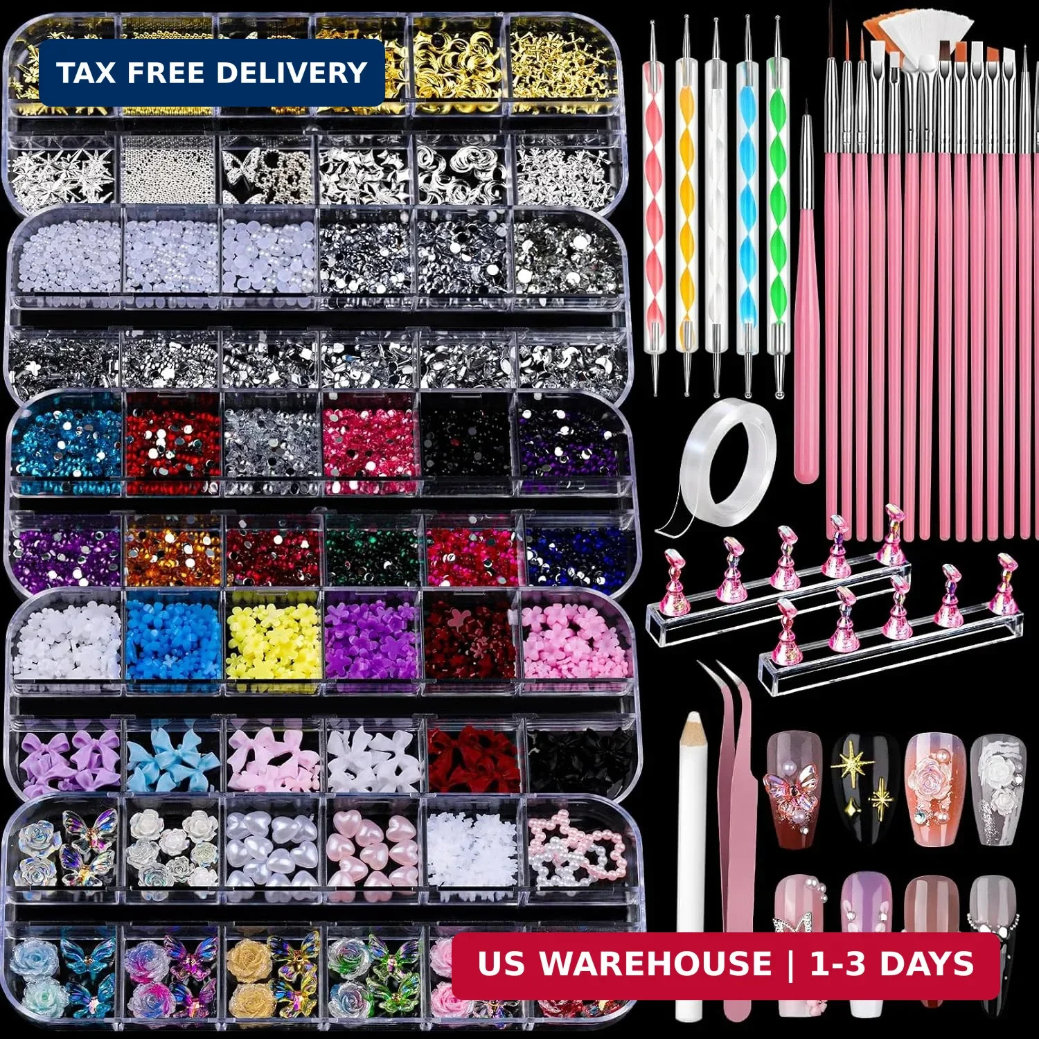 Nail Charms 15 Pcs Nail Art Brushes 5 Pcs Nail Dotting Tools 2 Set of Nail Stand