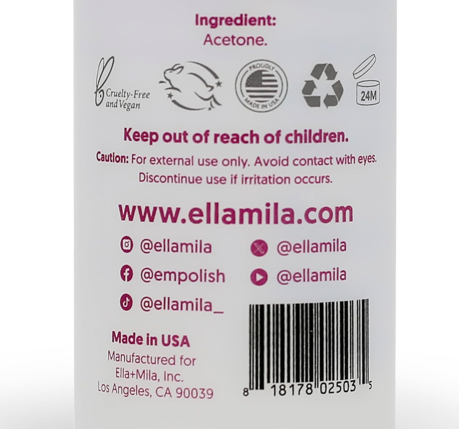 ella+mila 100% Pure Acetone Nail Polish Remover – 8 Fl Oz (Pack of 1)