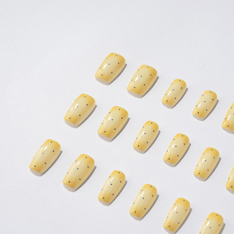 60pcs Short Square Press on Nails, Cream Yellow Gradient Blue Dot Minimal Nails