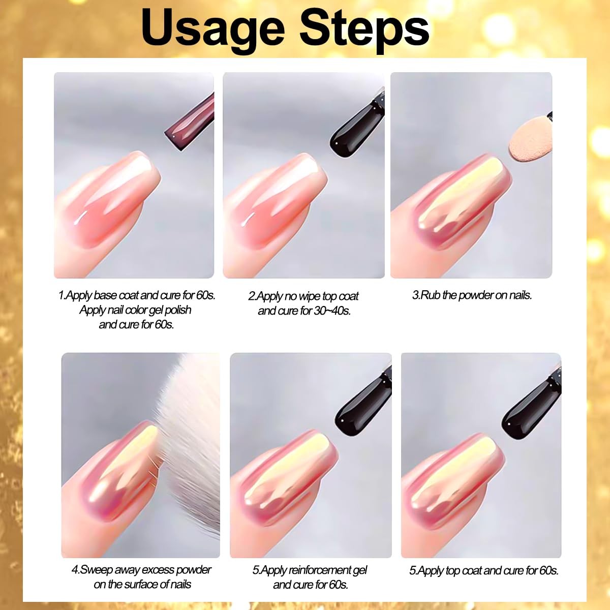 6 Colors Chrome Nail Powder,Gold Silver Super Metallic Effect multicolour