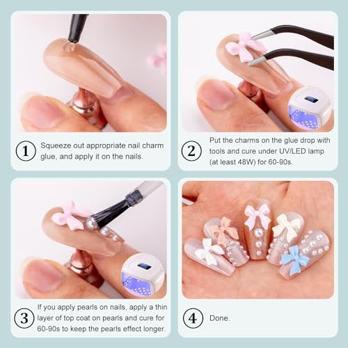 600 Pcs 3D Nail Charms and Flatback Pearls Set 1 – 8 Colors A Style with Glue