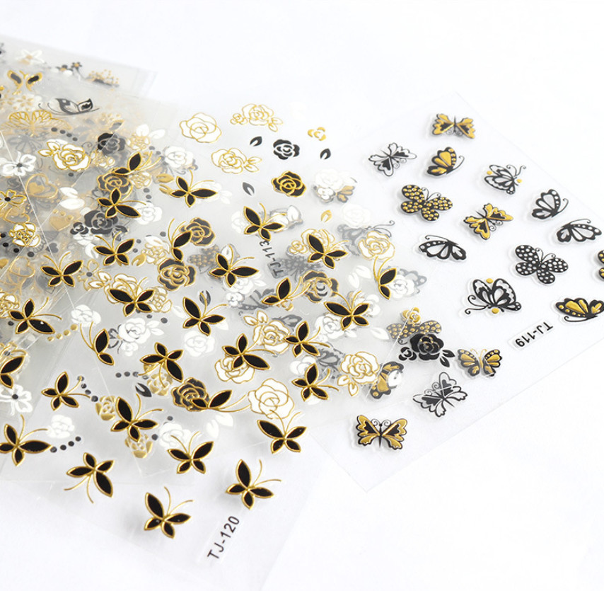 10PCS 3D Tip Nail Art Stickers Gold BLACK Heart Love BUTTERFLY ROSE FLOWER #2