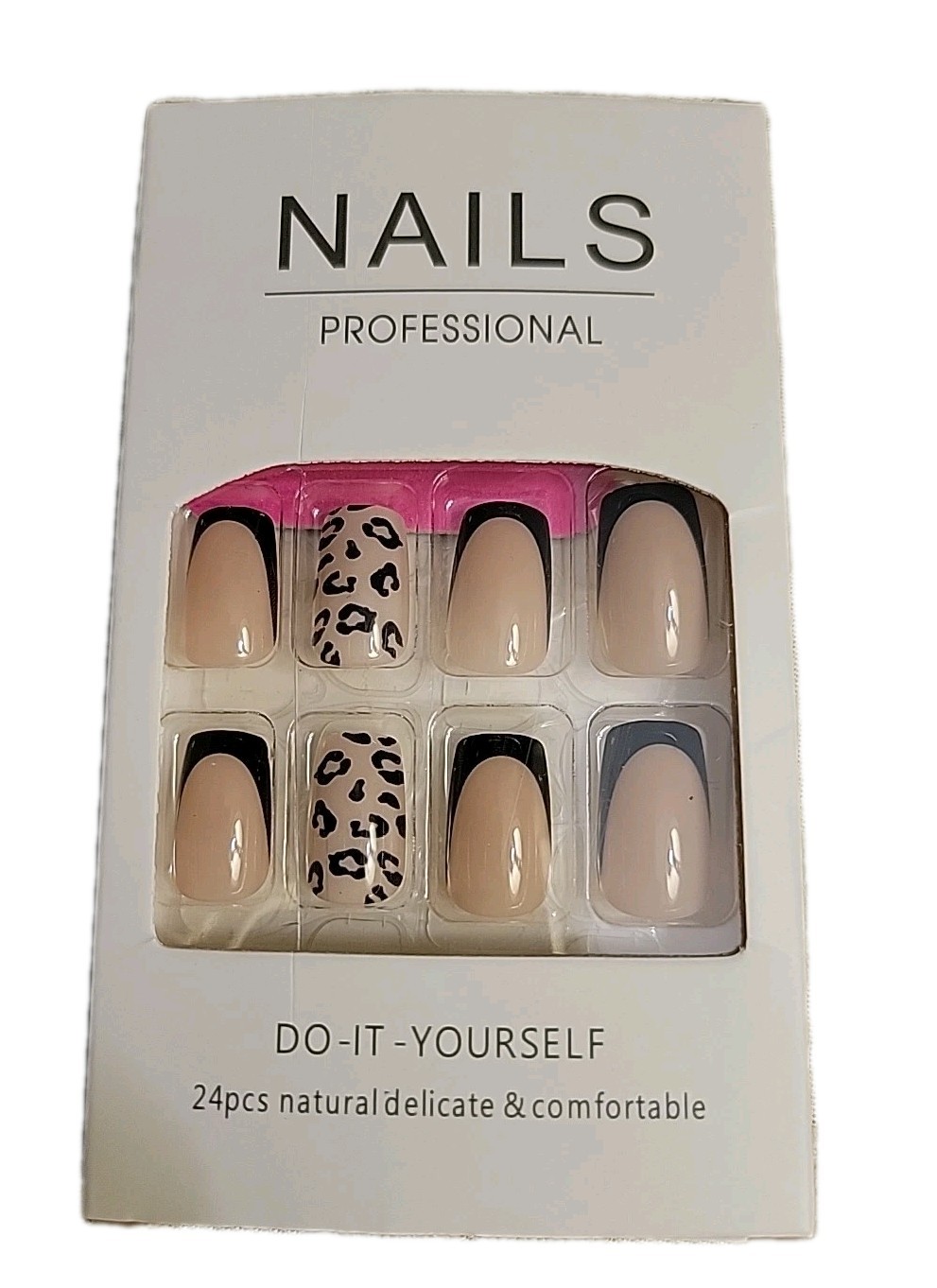 New 24 Pcs DIY Nails Natural With Black Tips, Blk Cheetah Print, Square Tip