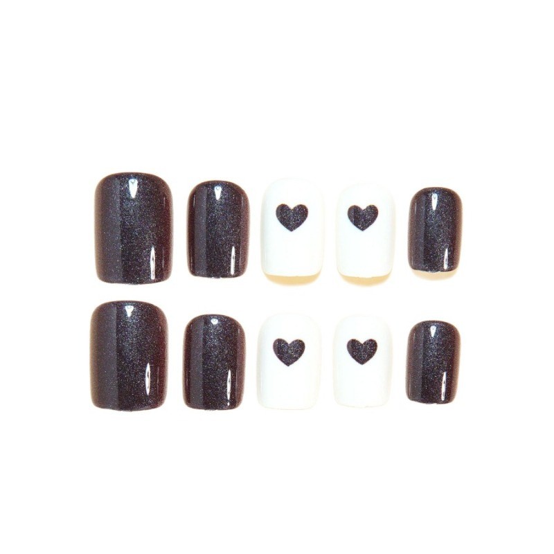 48PCS Short Square Brown Heart-shaped Reusable Brown Beige Fake Nail Art