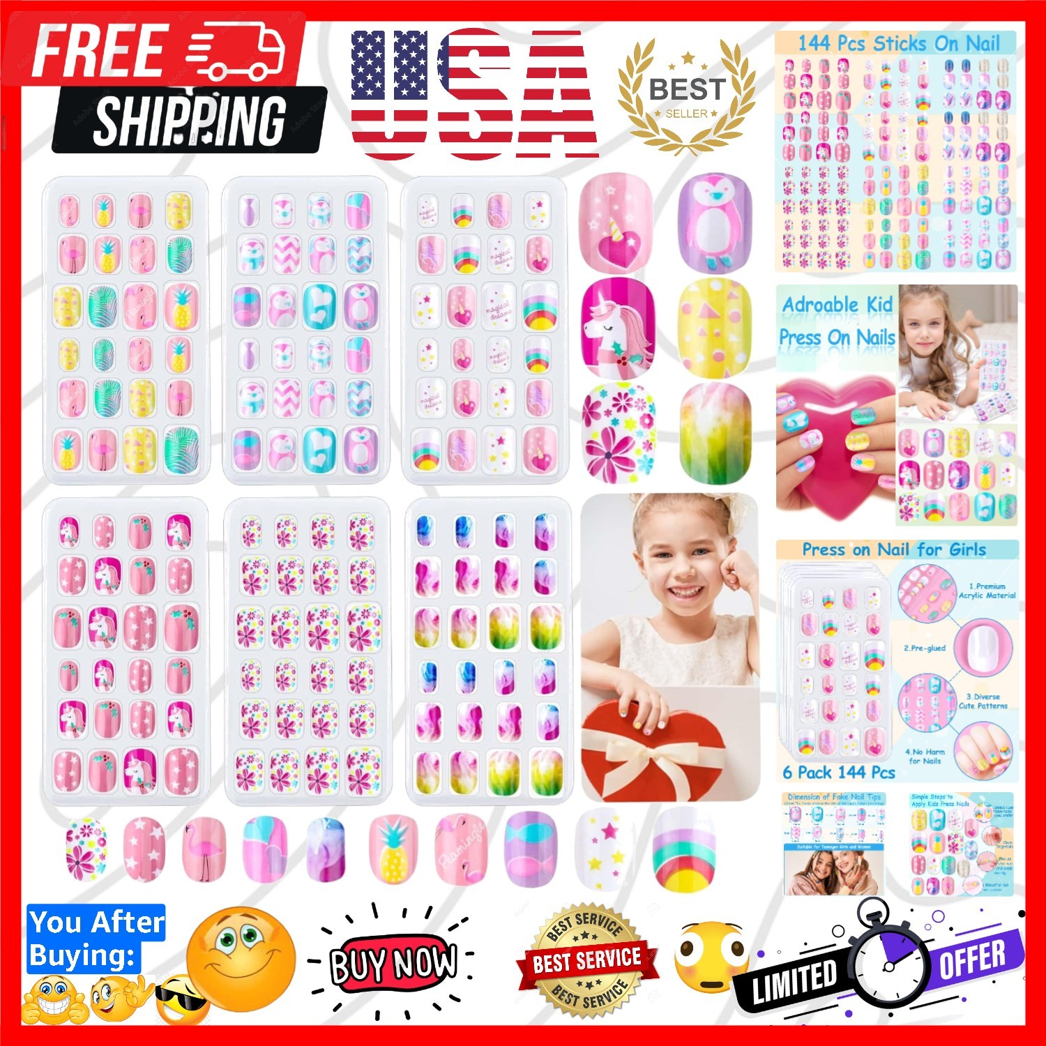 144 Pieces Press on Nails Grils, Children Fake Artificial False Nail Tips Pre…
