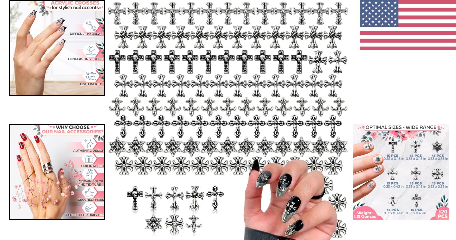 Gothic & Y2K 3D Silver Cross Nail Charms – 120 Pcs for Creative Projects