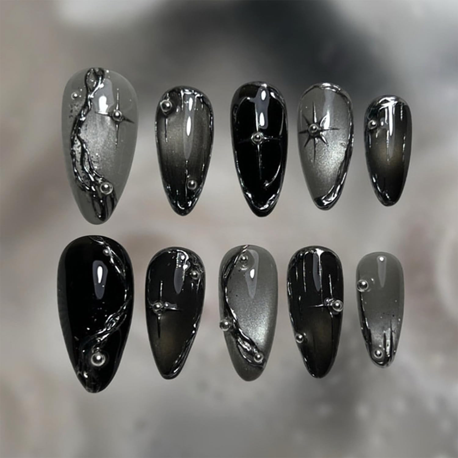 30Pcs Summer Press on Nails Medium Almond Cute Flower Fake Nails Pearl Rhineston