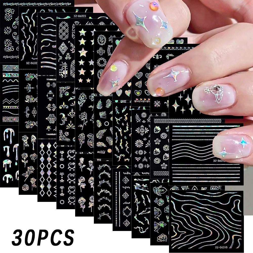 30Pcs Set Nail Art Stickers Decal Flower Lace Rose Heart Slider Manicure N363