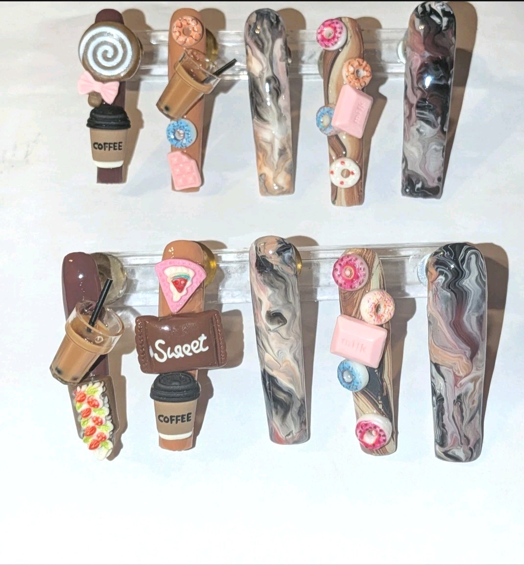 Hand Crafted 3Xl Java Marble Brown & Pink 3D Dessert Press-On Nails Sz Large