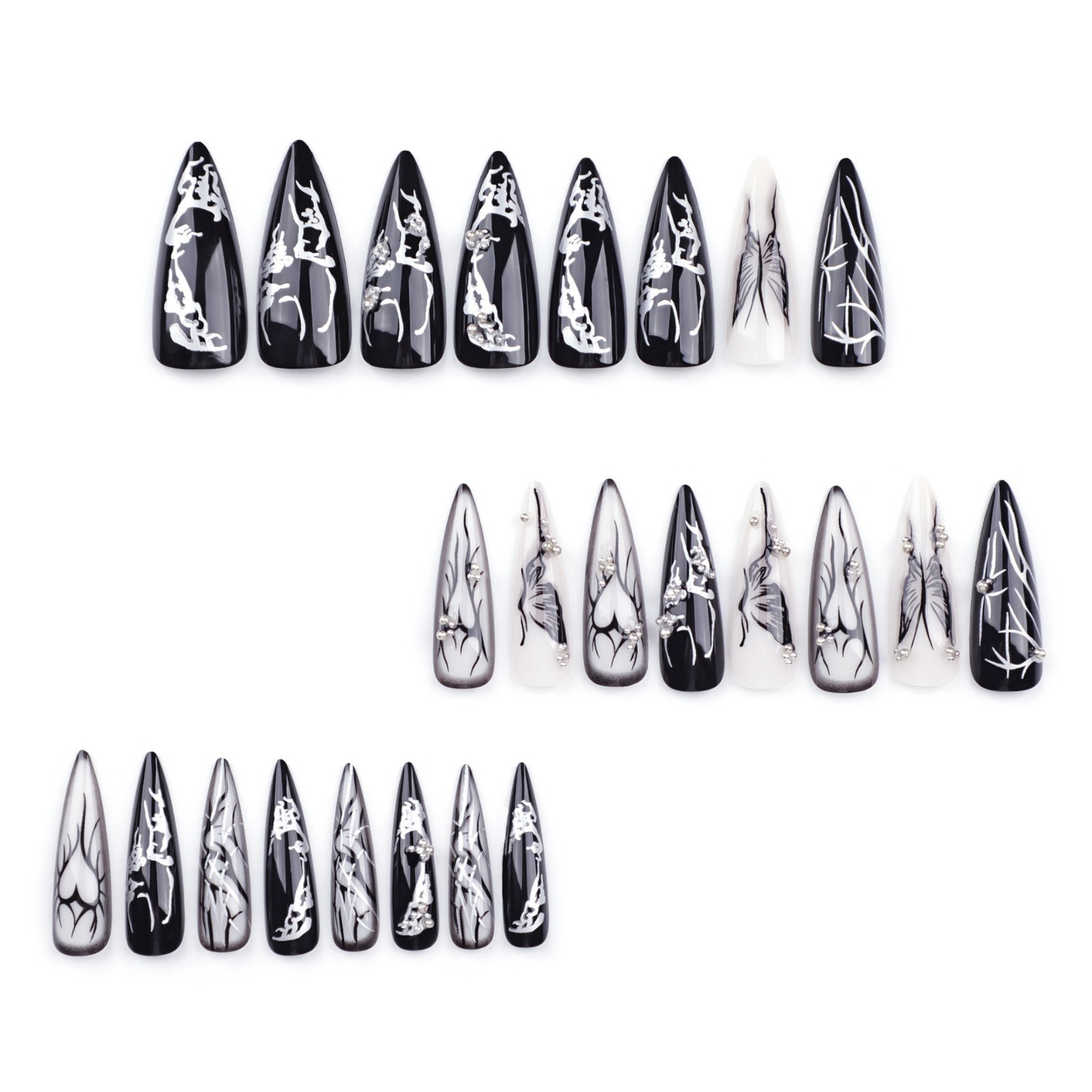 24pcs Black White Abstract Gothic cool Press On Nails, 3D Long Stiletto Shape