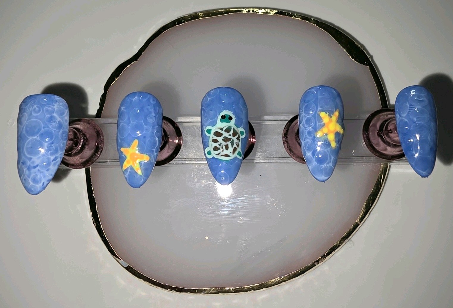 Maddi Nail Co. Blue Ocean Turtle & Starfish Almond Medium Full Cover Press-Ons