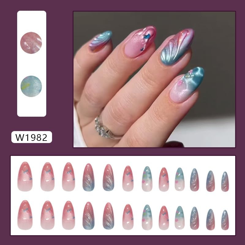 24Pcs Colorful Press on Nails Medium Almond Fake Nails Rainbow Ombre Full Cov…