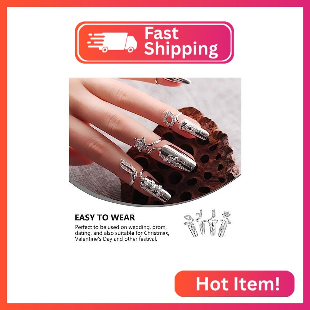 FRCOLOR 8 Pack Silver Nail Rings Rhinestones Fingernails Rings Fashion Retro Fin