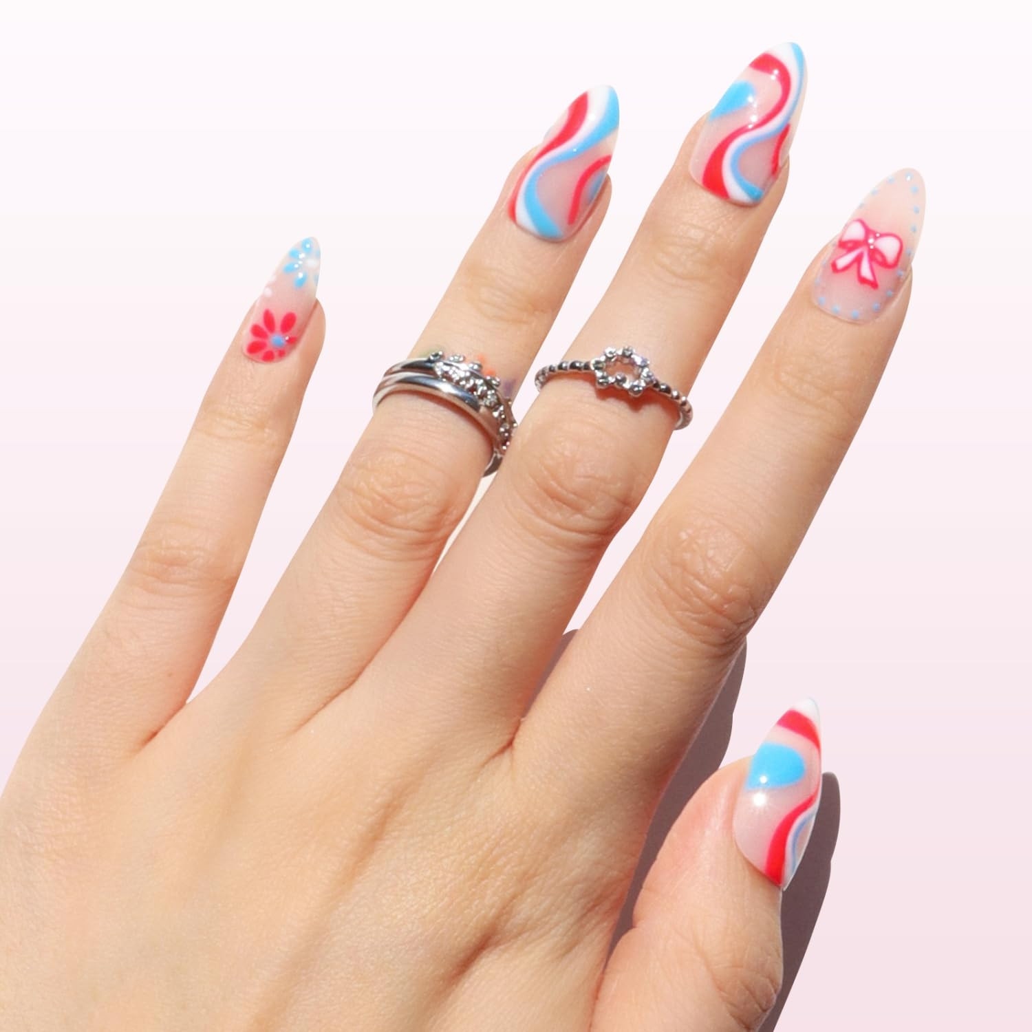 Press on Nails, Red White & Blue Swirl Medium Almond Fake Nails with 3D Stars &