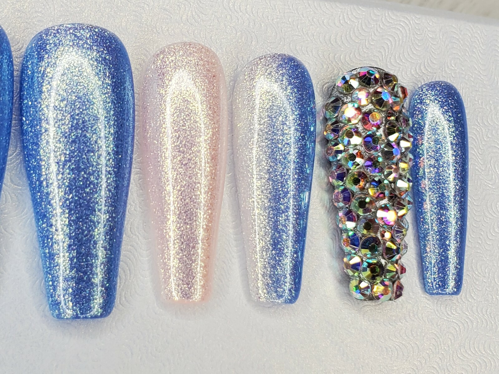 Baby blue white Bling glitter long ballerina diamond press on nails barbie ombre