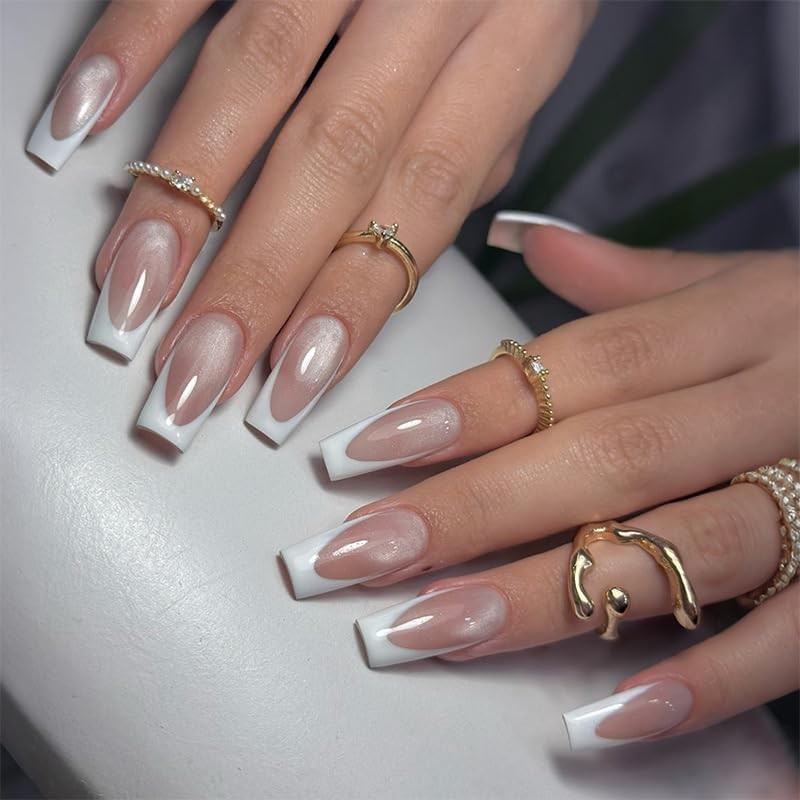French Tip Press on Nails Medium Square Fake Nails Chrome Cat Eye False Nails…