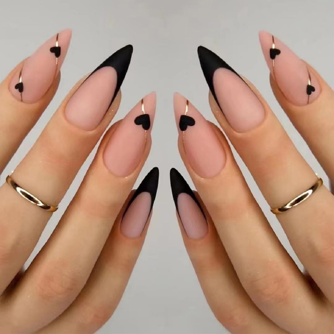 Stylish Black French Tip Press-On Nails with Gold Hearts – Short Medium Size