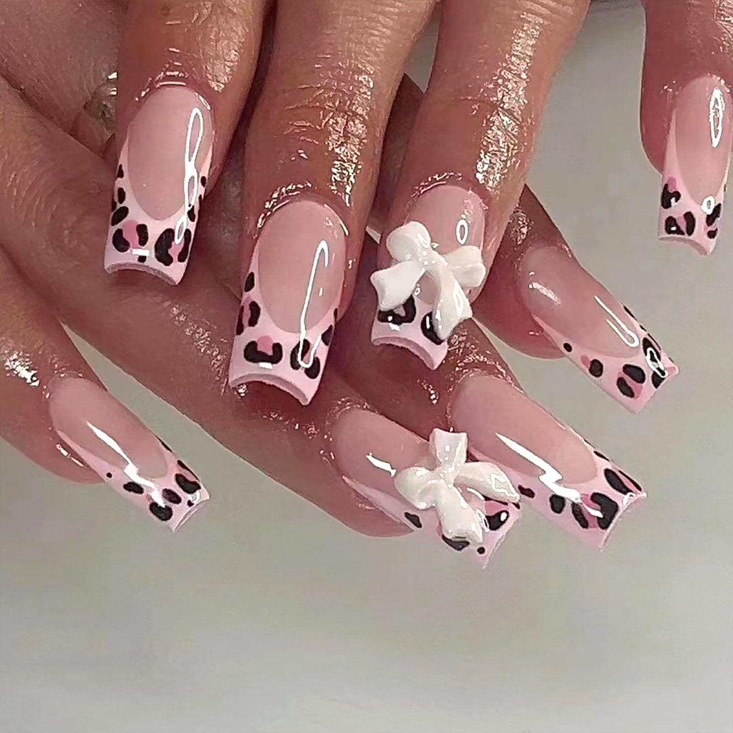 Pink French Tip Press On Nails – Medium Square Leopard Bow Design, Nude Glitt…