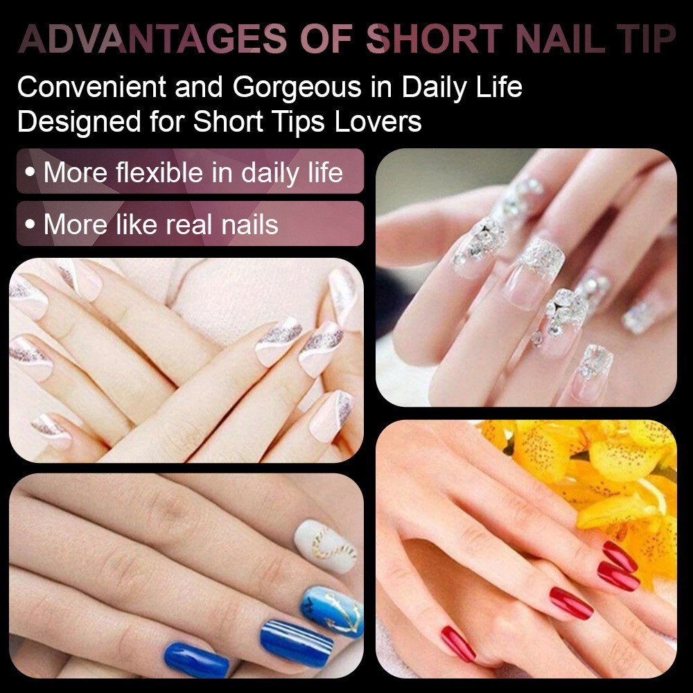 No File Glue On Nails Short Square Almond Coffin Thick Semi Frosted False Tips