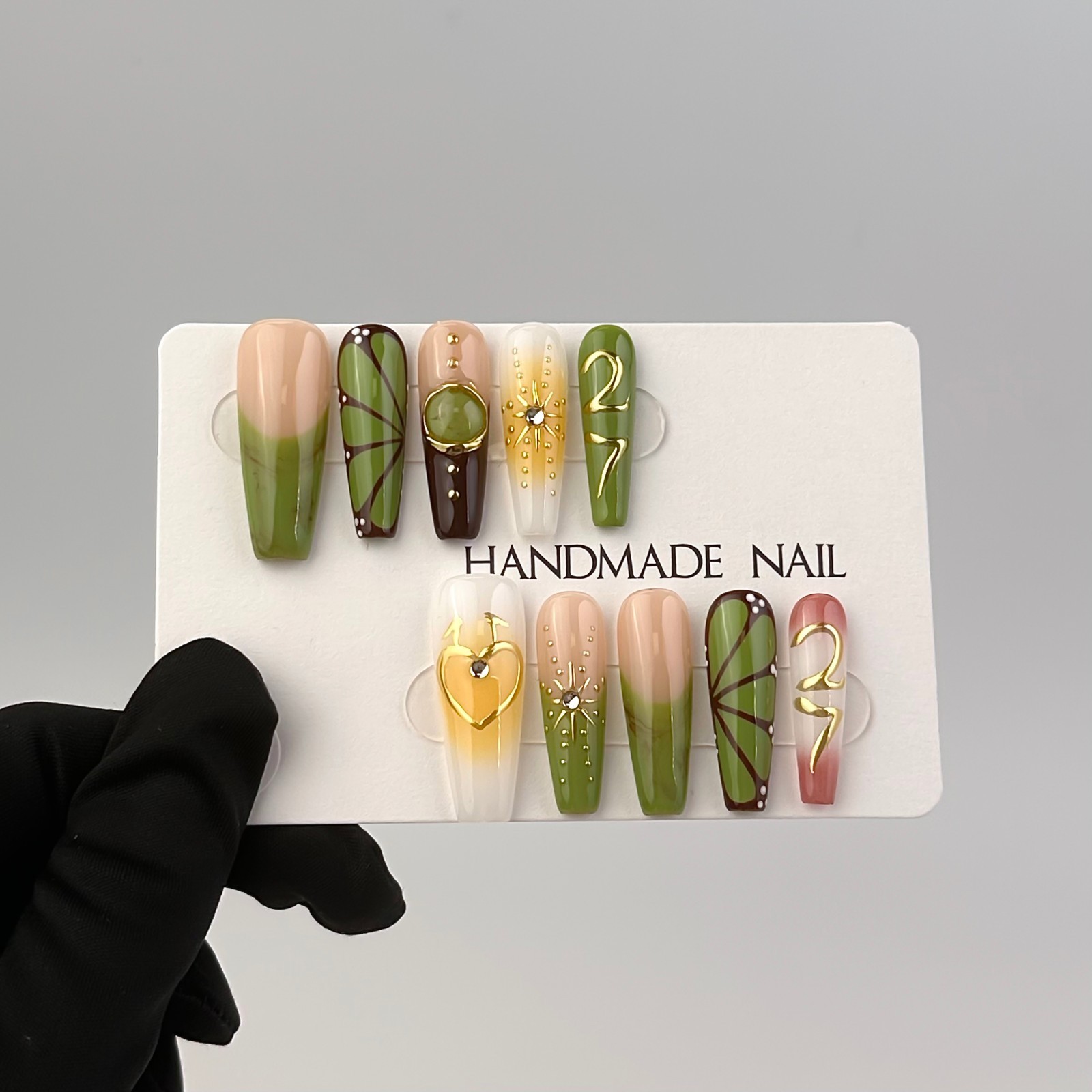 Long Coffin Tropical Jungle Press-On Nails with Gold & Amber Accents handmade