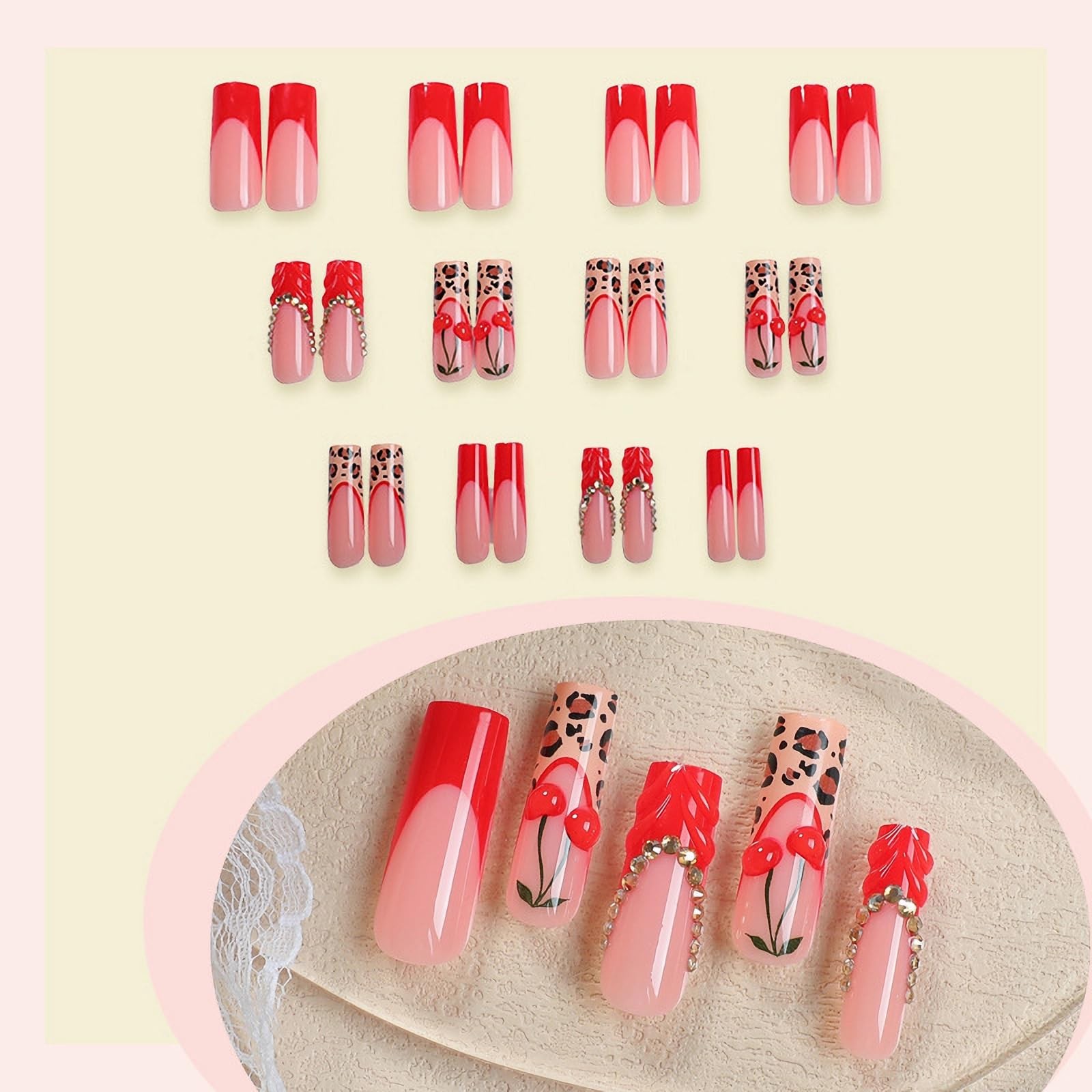 MISUD Press on Nails – Long Square Fake 0.04 Fl Oz (Pack of 24), 099A10Red