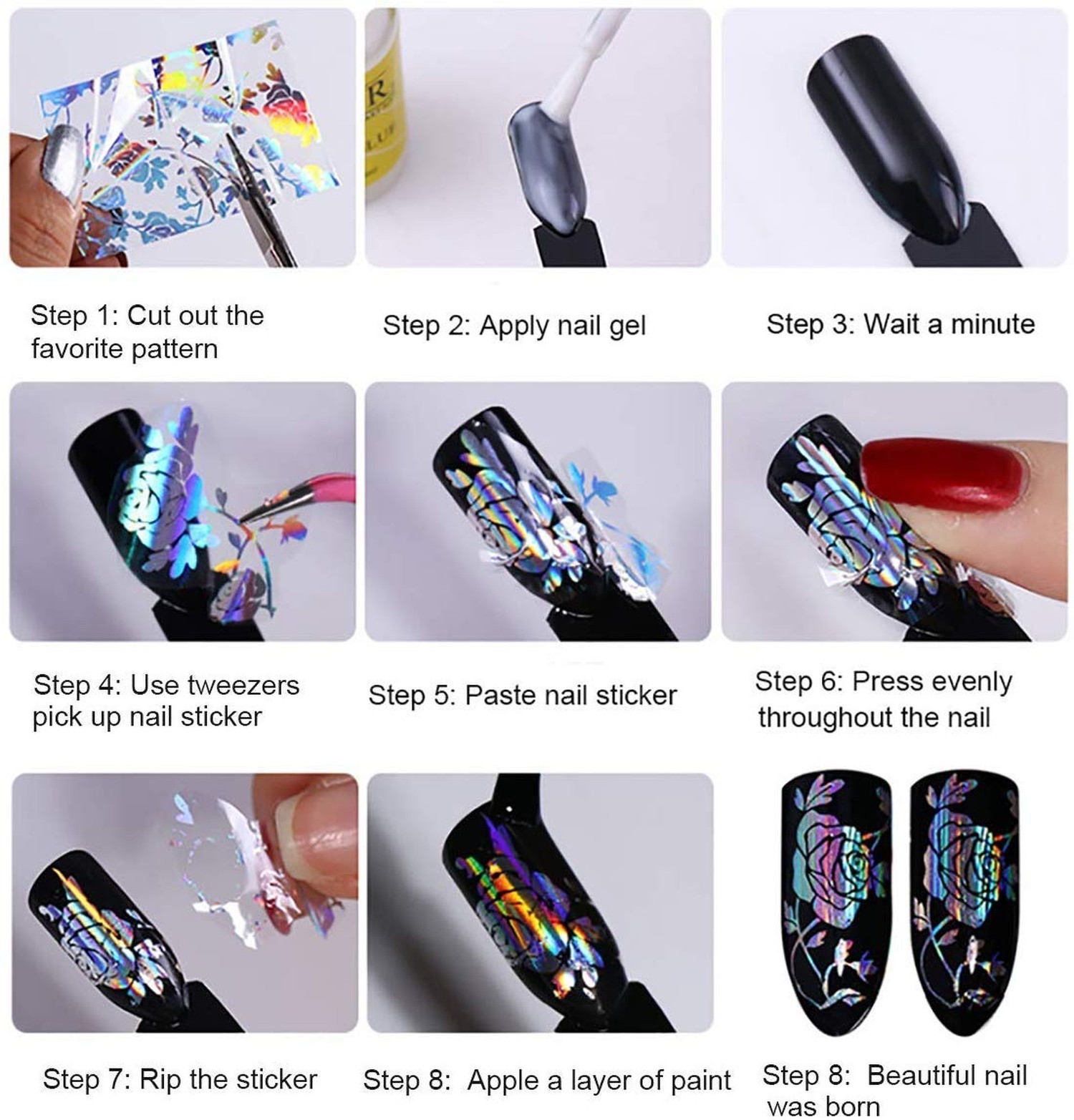 MWOOT 10 Rolls Metallic Color Holographic Nail Foil Transfer Sticker Set, Sta…