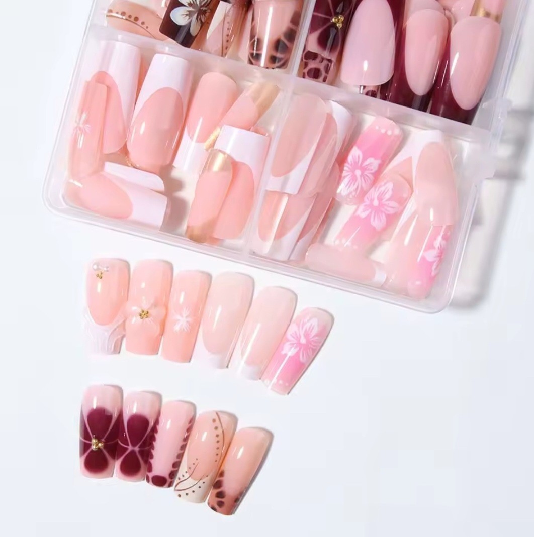 4in1 Luxury Press On Nails Set – 3D Flower Pearl Design French Long Coffin Nails