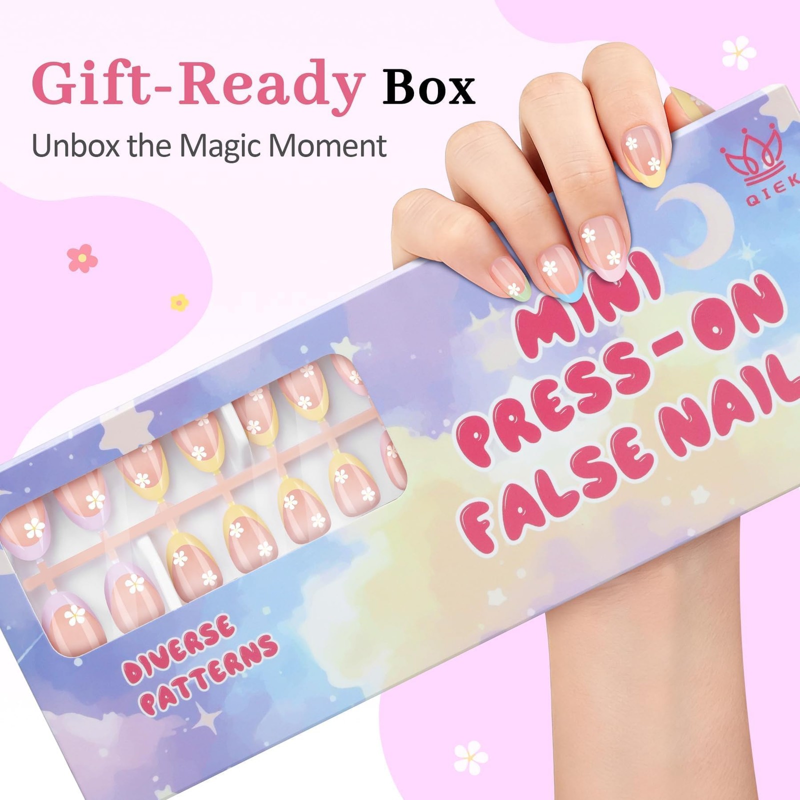 16 Sizes Press on Nails Kit for Kids – 32 Pieces French Almond Fake Nail Tips…
